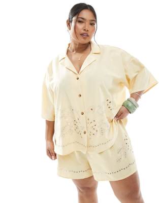 Asos Curve Asos Design Curve Short Sleeve Shirt With Camp Collar With Broderie Detail