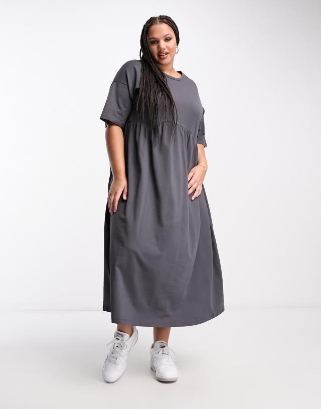 ASOS DESIGN Curve short sleeve smock midi dress with seam detail in charcoal