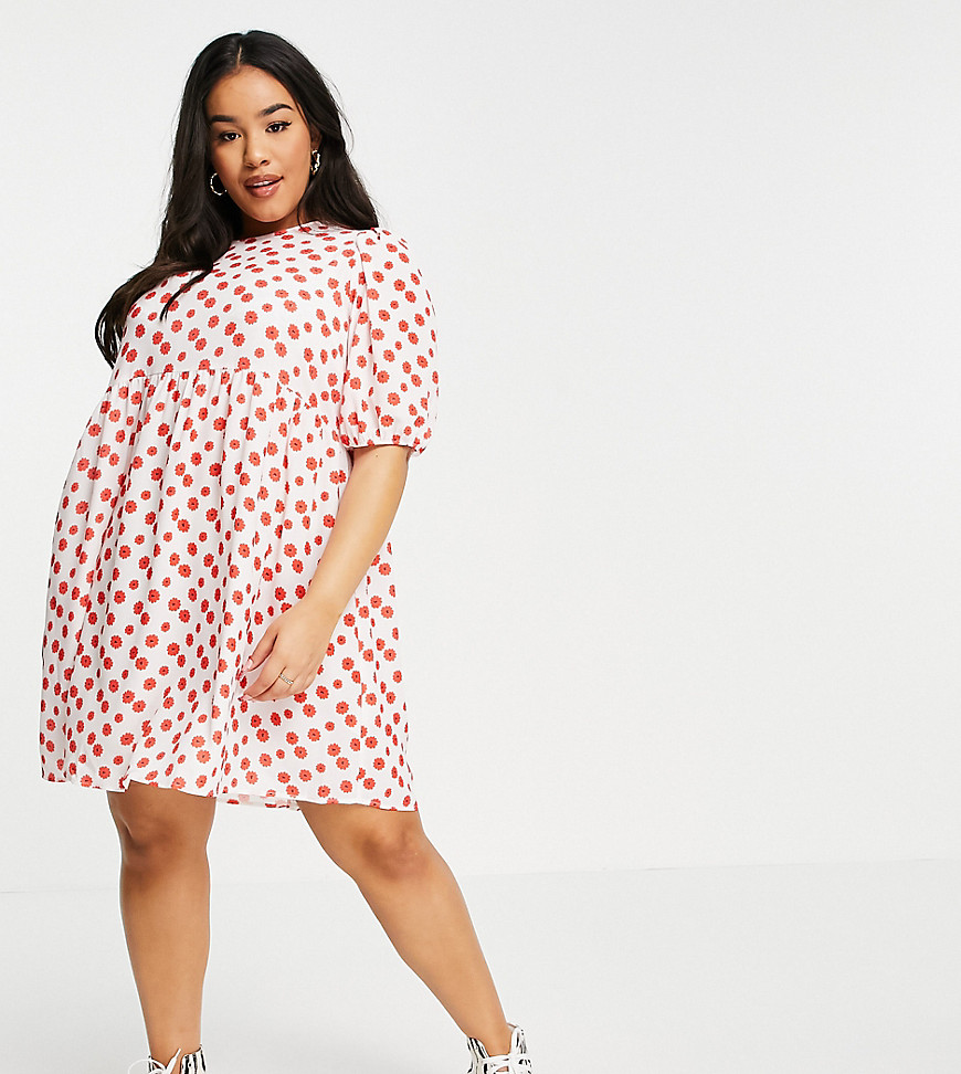 ASOS DESIGN Curve short sleeve smock mini dress in white and red floral print-Multi