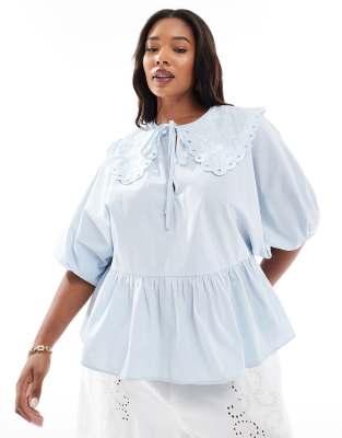 Asos Curve Asos Design Curve Short Sleeve Smock Top With Eyelet Collar In Blue