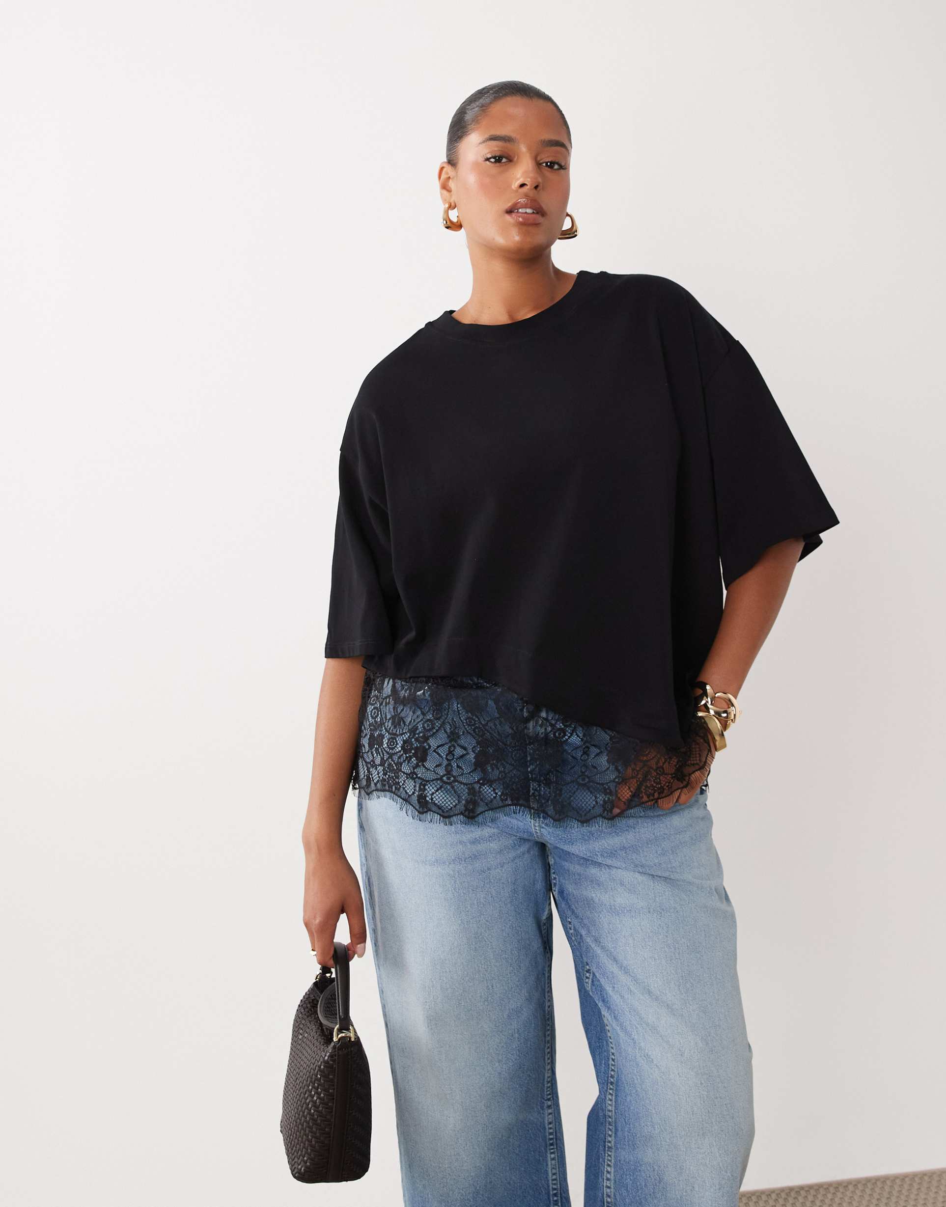 asos design curve short sleeve t-shirt with lace hem in black