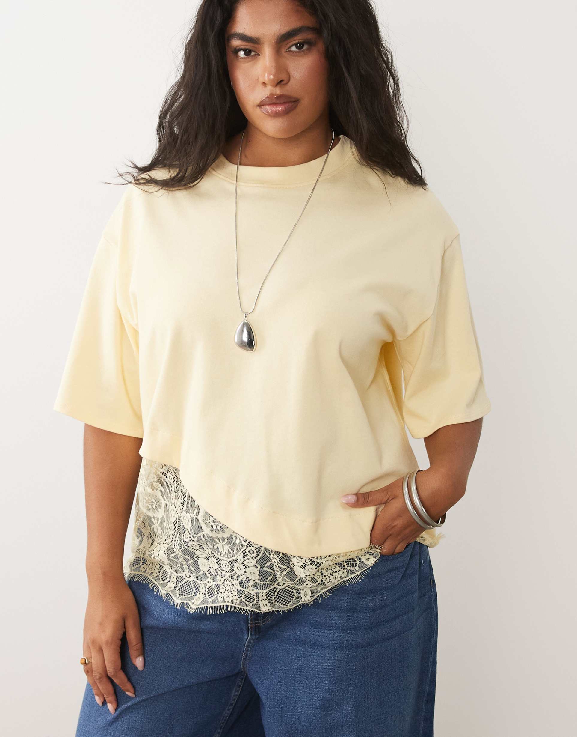 asos design curve short sleeve t-shirt with lace hem in buttermilk yellow