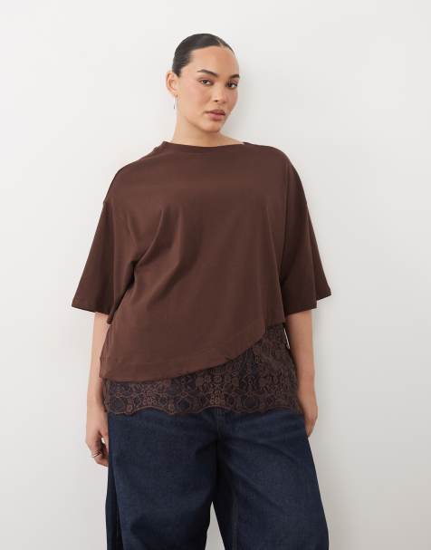 ASOS DESIGN Curve short sleeve t-shirt with lace hem in chocolate - view 1