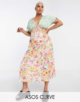 ASOS DESIGN Curve short sleeve tie detail midi tea dress in mix match floral-Multi