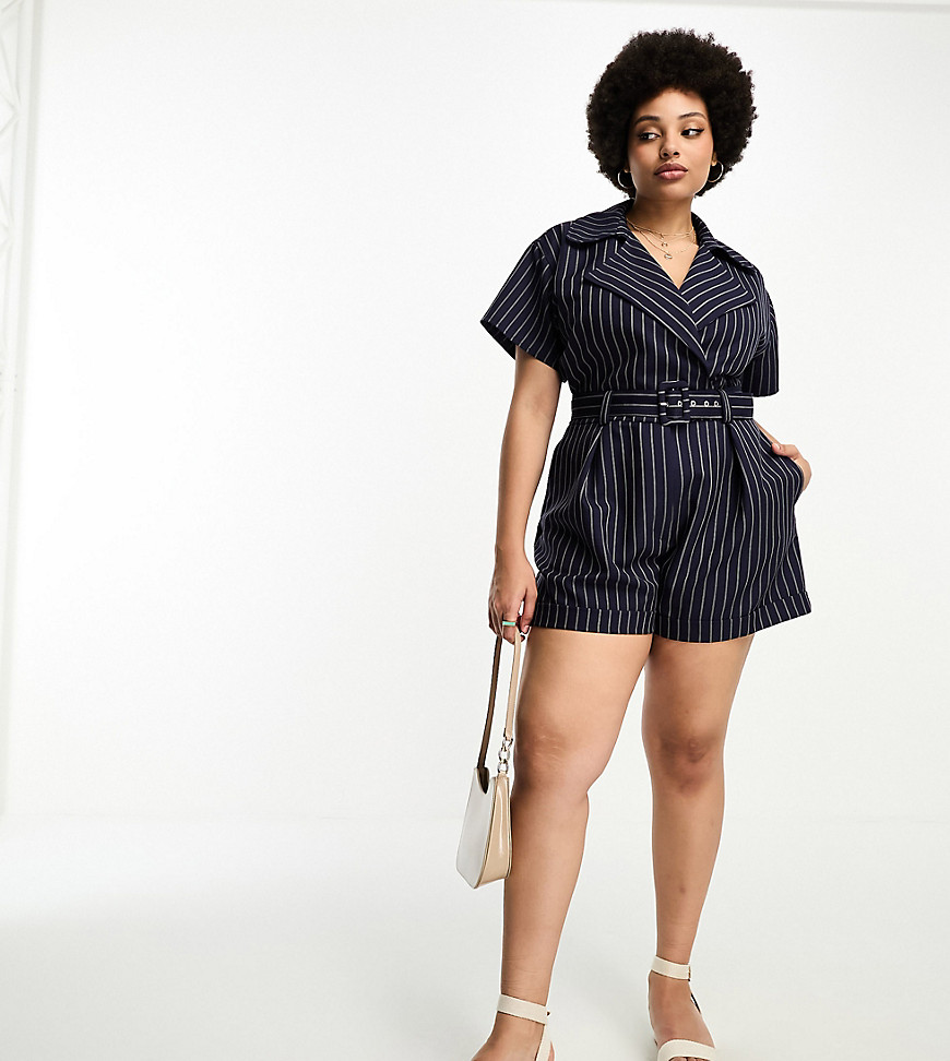 ASOS DESIGN Curve short sleeve tux belted playsuit in pinstripe-Navy