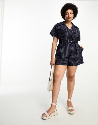 Asos Curve Asos Design Curve Short Sleeve Tux Belted Romper In Pinstripe-navy