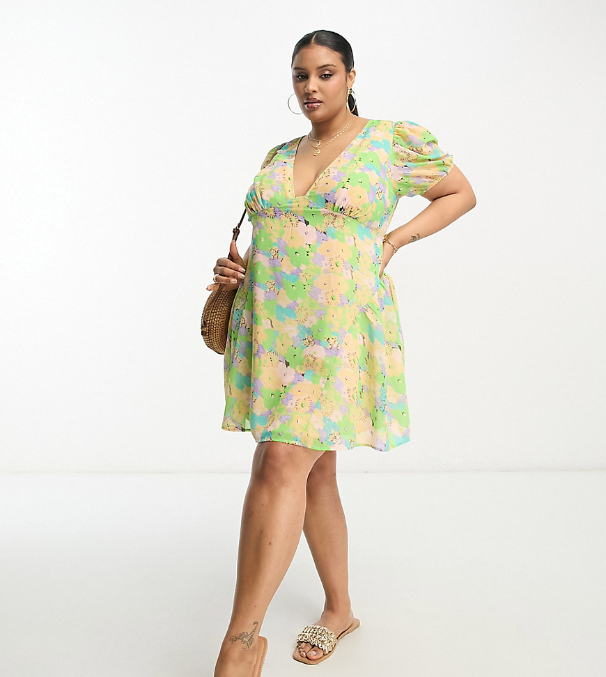 Asos Curve Asos Design Curve Short Sleeve V-neck Chiffon Mini Dress In Floral Print-multi