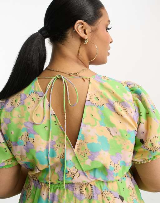 ASOS DESIGN Curve short sleeve v-neck chiffon mini dress in floral print, 2 of 4