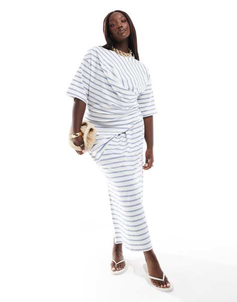 ASOS DESIGN Curve short sleeve with twist detail midi dress in blue and cream stripe - view 1