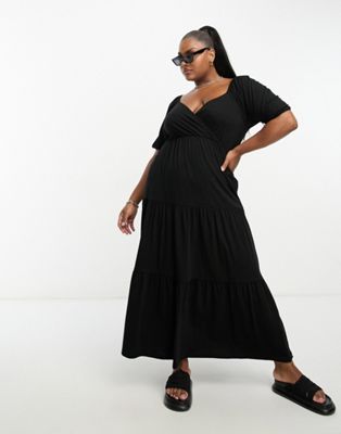 ASOS DESIGN Curve short sleeve wrap tiered midi dress in black