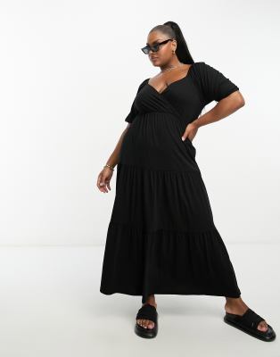 Asos Design Curve Short Sleeve Wrap Tiered Midi Dress In Black