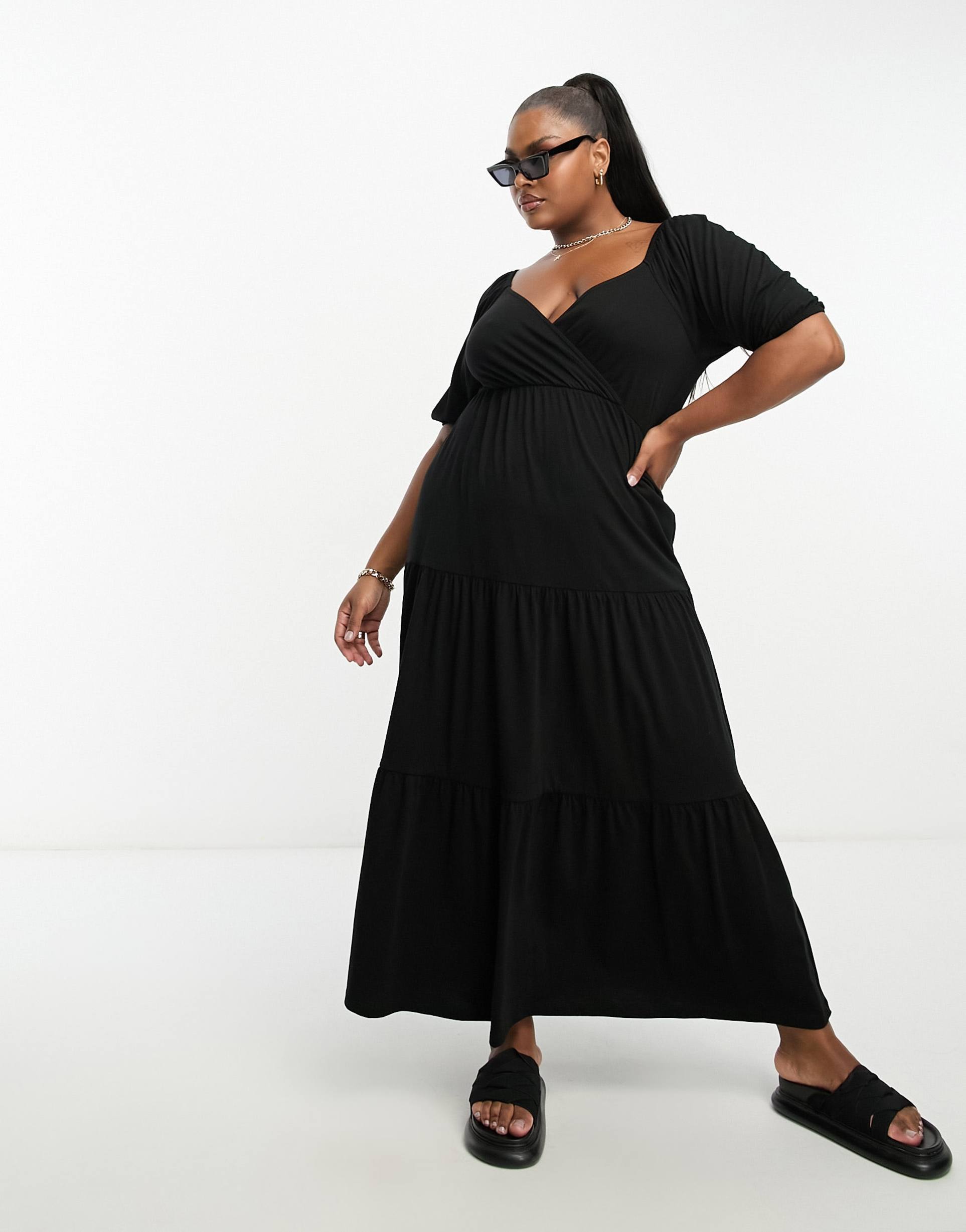 asos design curve short sleeve wrap tiered midi dress in black