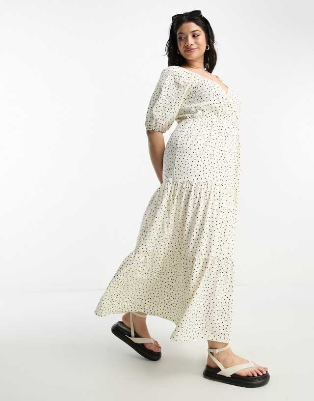 ASOS DESIGN Curve short sleeve wrap tiered midi dress in white base spot