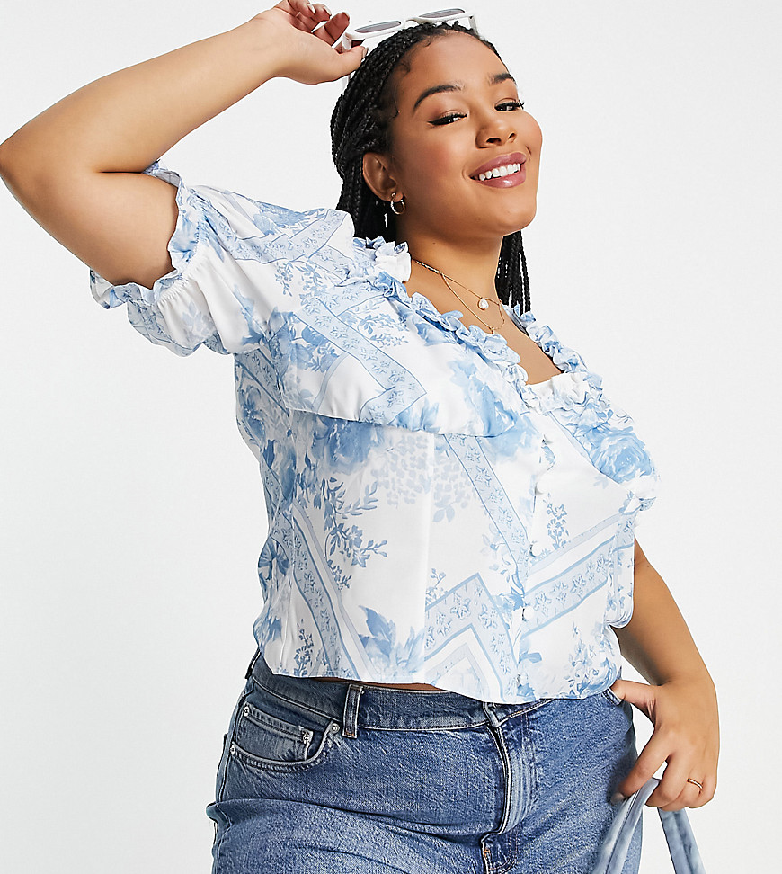 Asos Design Curve Short Sleeved Cut Out Top In Blue Floral Print-Multi