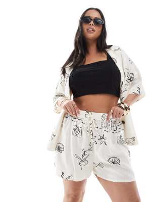 ASOS DESIGN Curve - Shorts aus Leinenmix mit skizzenhaftem Print, Kombiteil-Bunt