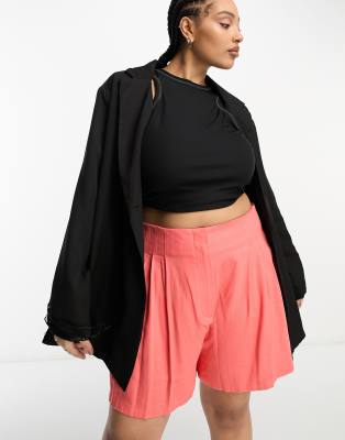 ASOS DESIGN Curve - Shorts mit Leinenanteil in Koralle und Ziernähten am Bund-Orange