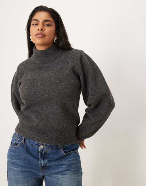 ASOS DESIGN Curve shoulder pad extreme sleeve waisted jumper in charcoal