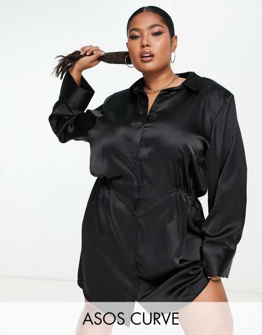 ASOS DESIGN Curve shoulder pad gathered waist mini satin shirt dress in  black