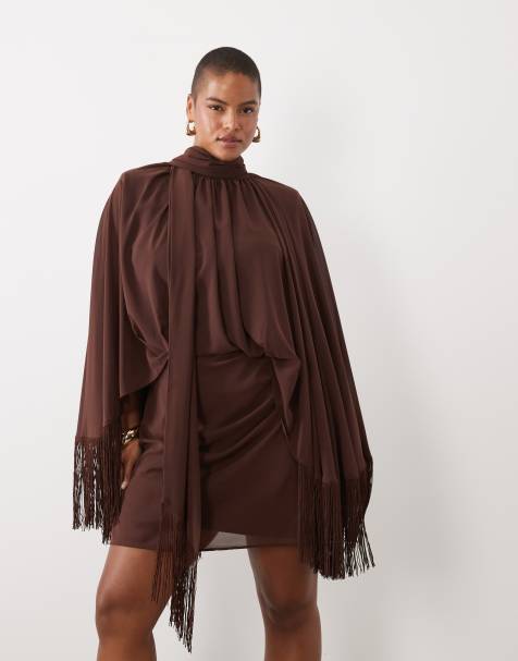 ASOS DESIGN Curve shoulder pad tie neck fringe sleeve mini dress in brown - view 1