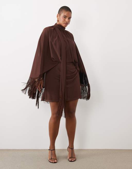 ASOS DESIGN Curve shoulder pad tie neck fringe sleeve mini dress in brown, 2 of 4