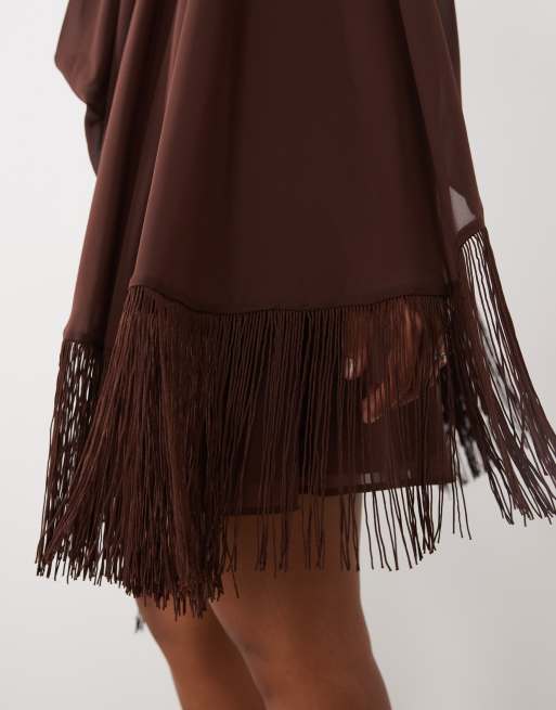ASOS DESIGN Curve shoulder pad tie neck fringe sleeve mini dress in brown, 4 of 4
