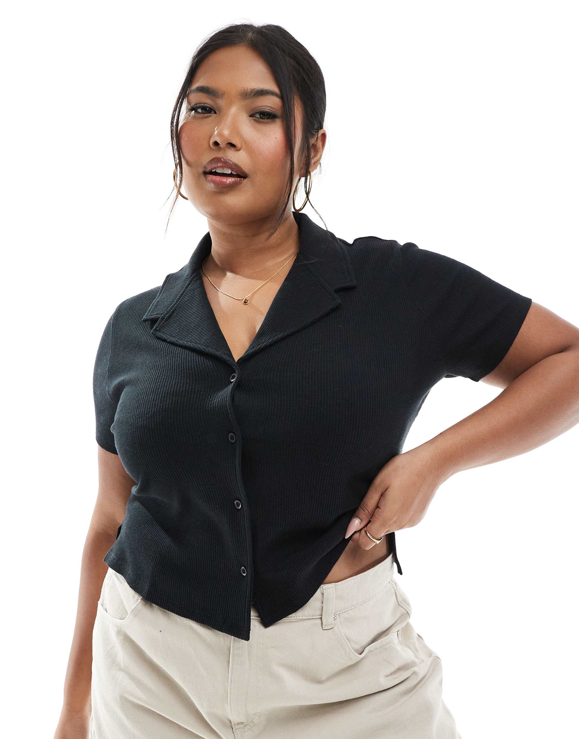 asos design curve shrunken camp collar waffle knit shirt in black