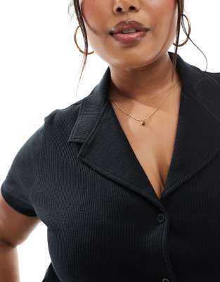 Asos Curve Asos Design Curve Shrunken Revere Waffle Shirt In Black