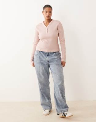 Asos Curve Asos Design Curve Shrunken Waffle Long Sleeve Henley Tee In Pink