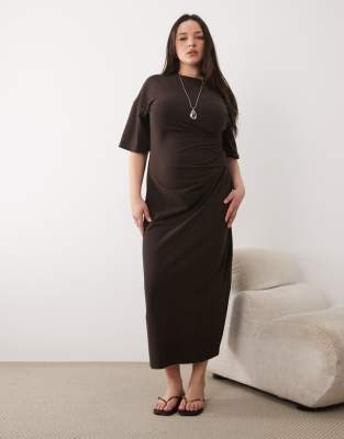 Asos Curve Asos Design Curve Side Ruched T-shirt Midi Dress In Brown
