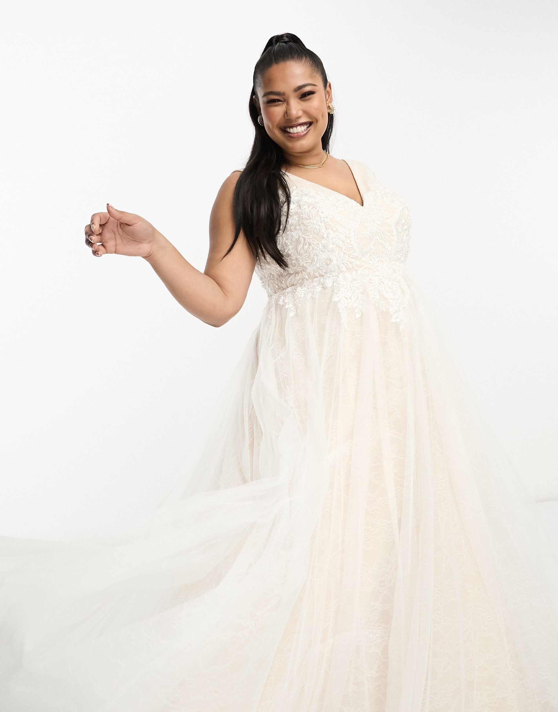 asos design curve sienna bead and embroidered plunge bodice wedding dress with lace underlay in ivory