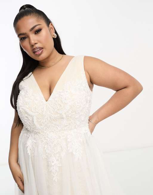 ASOS DESIGN Curve Sienna bead and embroidered plunge bodice wedding dress with lace underlay in ivory