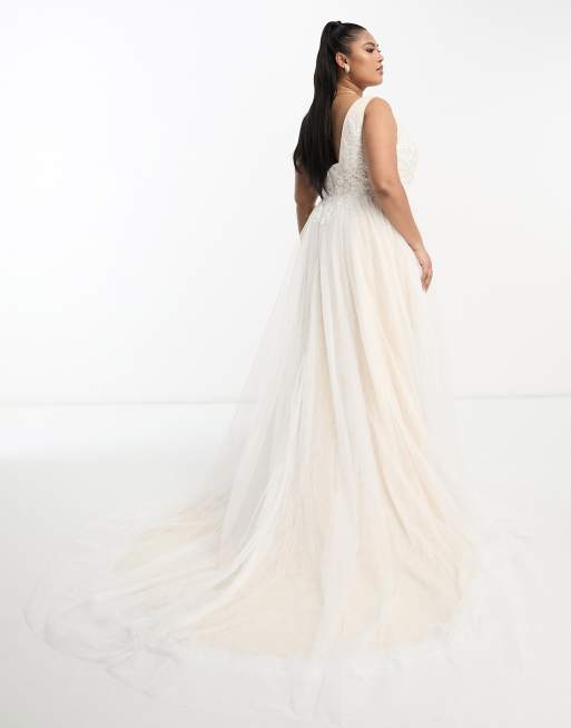 ASOS DESIGN Curve Sienna bead and embroidered plunge bodice wedding dress with lace underlay in ivory