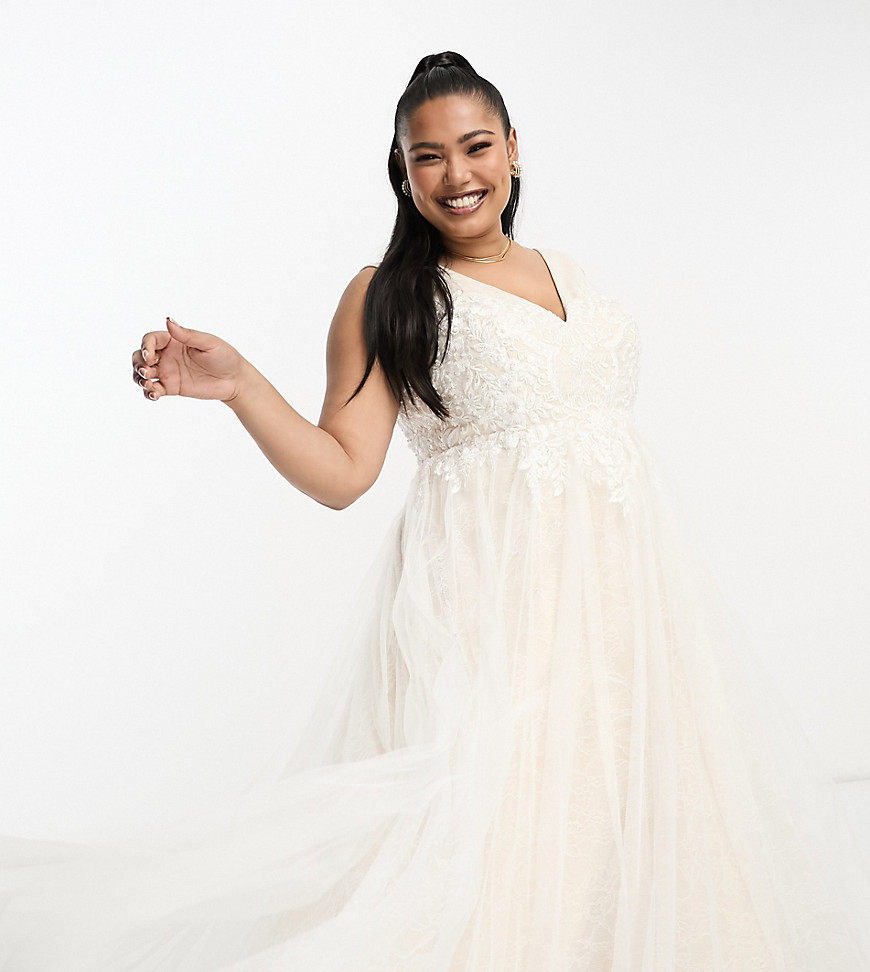 ASOS DESIGN Curve Sienna bead and embroidered plunge bodice wedding dress with lace underlay in-White