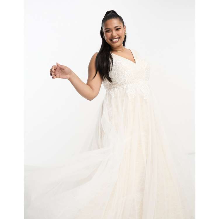 ASOS DESIGN Curve Sienna bead and embroidered plunge bodice wedding dress with lace underlay in