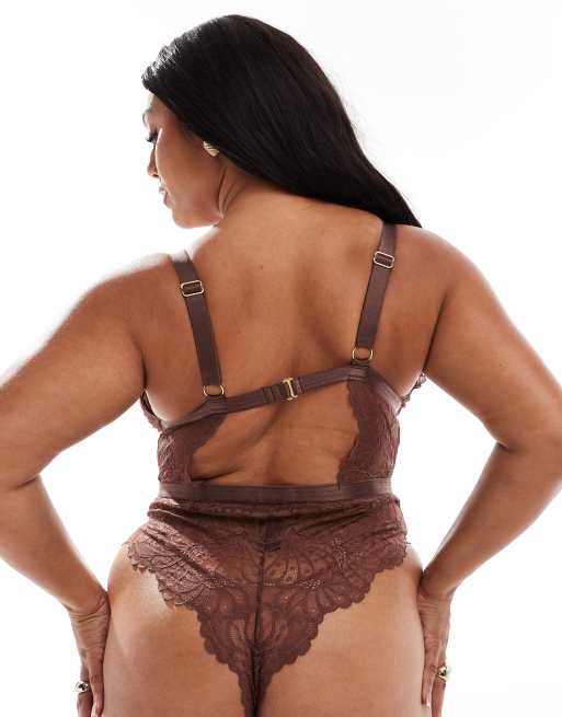 ASOS DESIGN Curve - Sienna - Blød bodystocking med blonder i chokoladebrun, 3 af 4