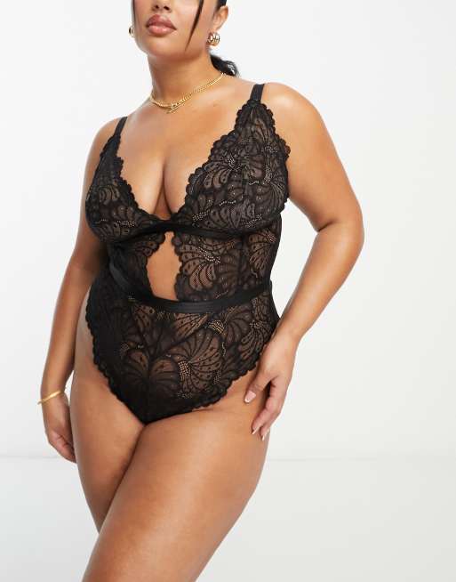 ASOS DESIGN Curve - Sienna - Blød sort blonde-bodystocking, 4 af 4