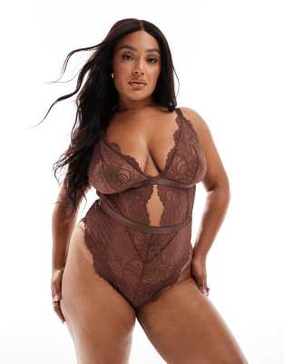 ASOS DESIGN Curve - Sienna - Body morbido in pizzo color cioccolato