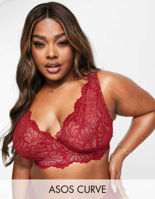 Asos Curve Asos Design Curve Sienna Lace Underwired Plunge Bra In Red