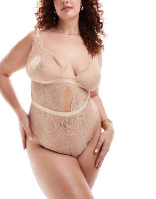 ASOS DESIGN Curve Sienna lace soft bodysuit in beige-Neutral