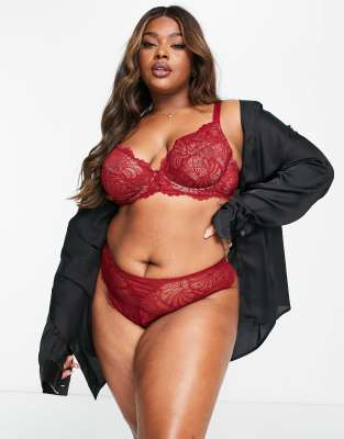 ASOS DESIGN Curve Sienna lace underwire plunge bra in burgundy-Red