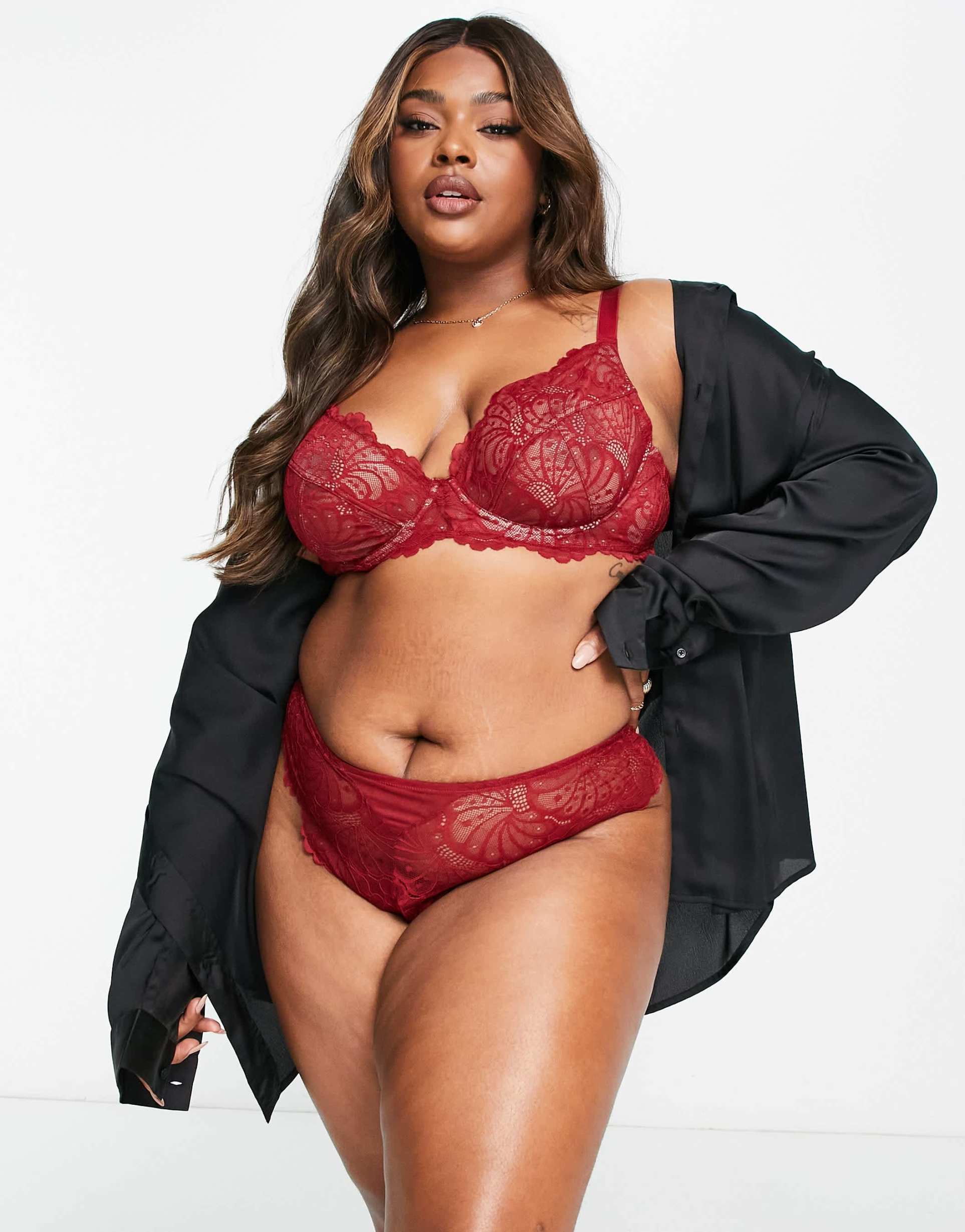 asos design curve sienna lace underwire plunge bra in burgundy