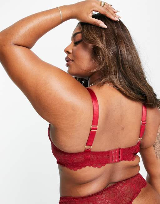 ASOS DESIGN Curve Sienna lace underwire plunge bra in burgundy