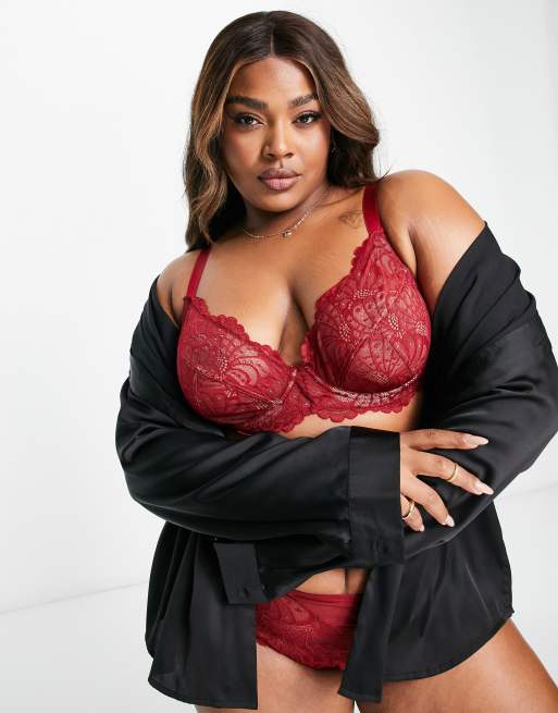 ASOS DESIGN Curve Sienna lace underwire plunge bra in burgundy