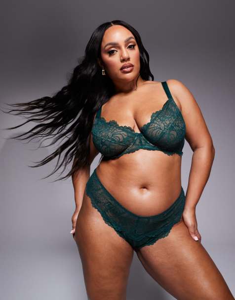 ASOS DESIGN Curve – Sienna – Skogsgröna brazilian-trosor med hög midja i spets - view 1
