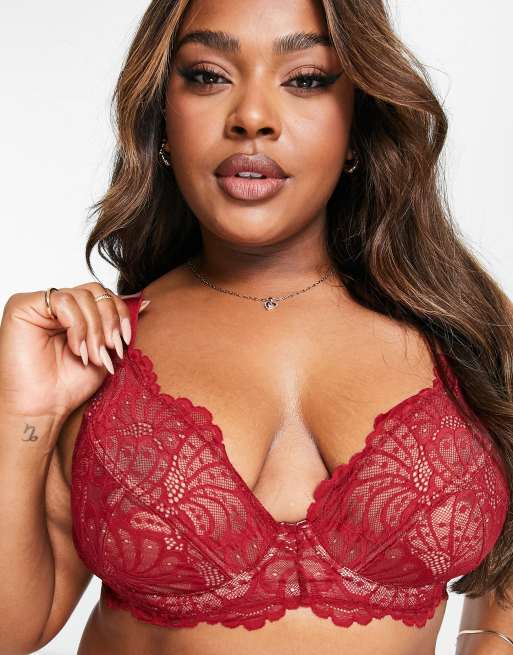 ASOS DESIGN Curve – Sienna – Tief ausgeschnittener Bügel-BH in Burgunderrot aus Spitze, 3 von 4
