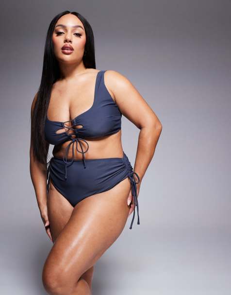 ASOS DESIGN Curve - Sierra - Hoogopgesneden bikinibroekje met touwtjes in grijs - view 1