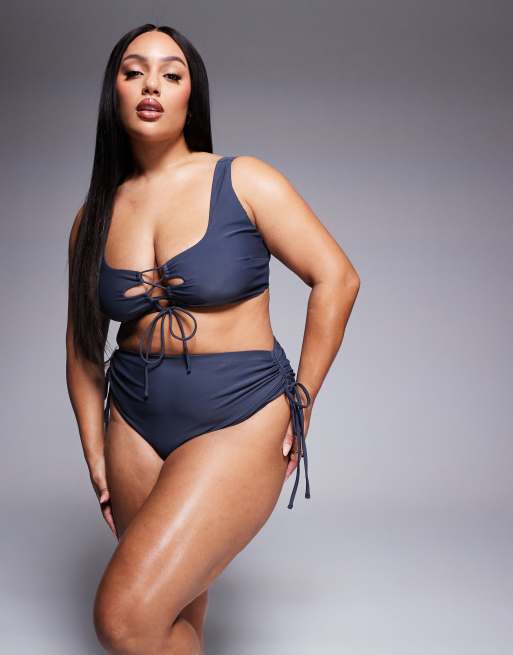 ASOS DESIGN Curve – Sierra – Łupkowoszary dół od bikini z podwyższonym stanem i wiązaniem