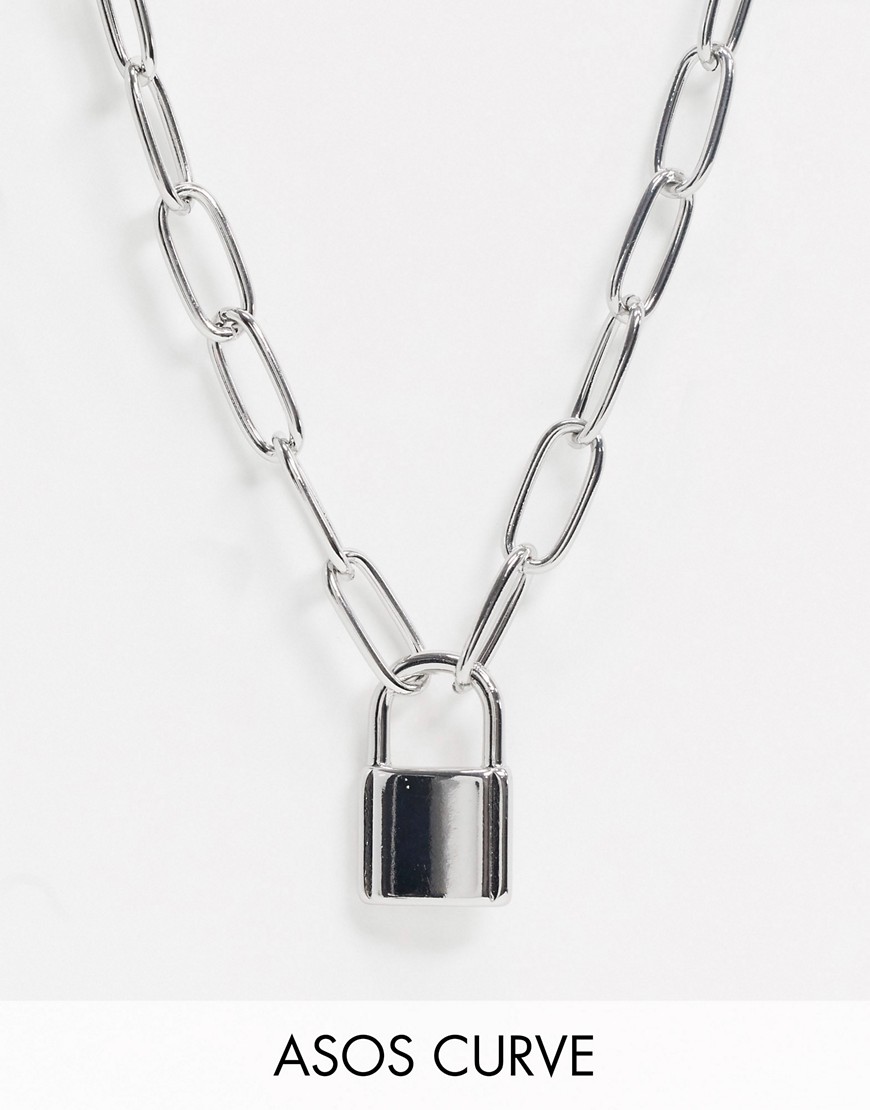 ASOS DESIGN Curve – Silverfärgat halsband med metallkedja och hänglås necklace