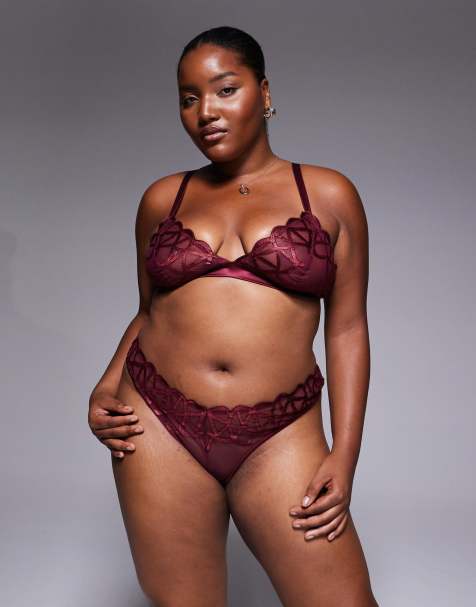 ASOS DESIGN Curve Simone premium fine embroidery classic thong with satin binding in burgundy jewel - view 1