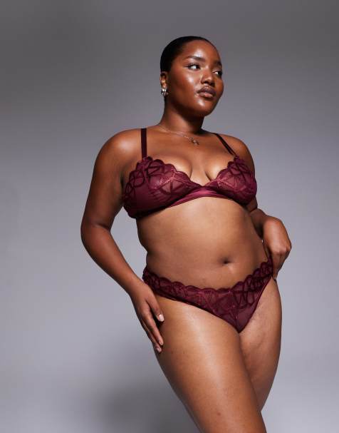 ASOS DESIGN Curve Simone premium fine embroidery lingerie with satin binding in burgundy jewel - view 1